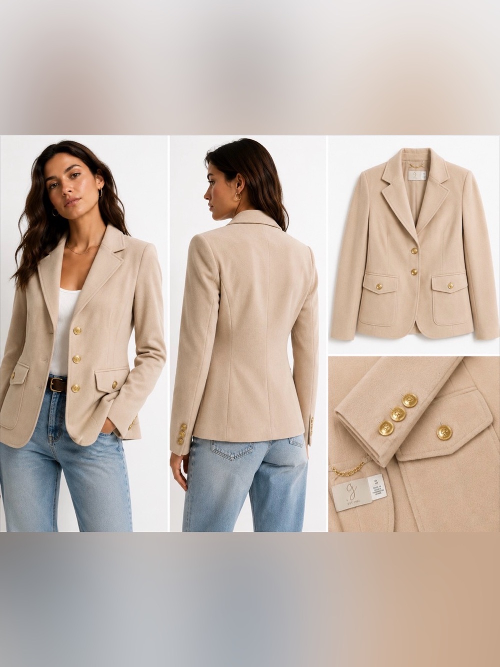 NWT Small Joie Cream Beige Faux Suede Structured Blazer with Gold Crest Buttons